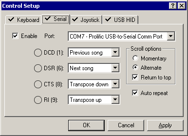 Serial port setup dialog